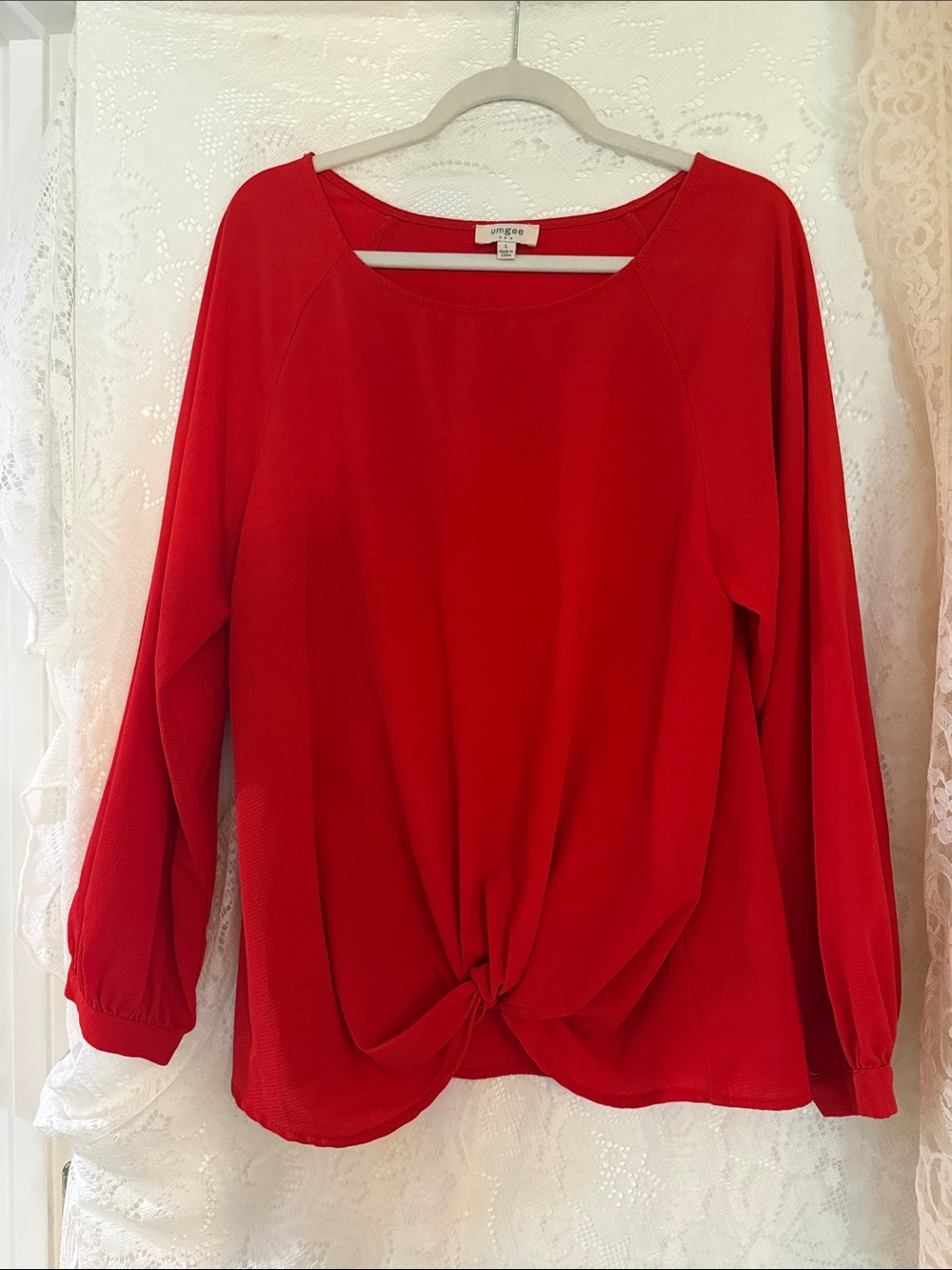 Wonderly Red Knot-Front Long Sleeve Top